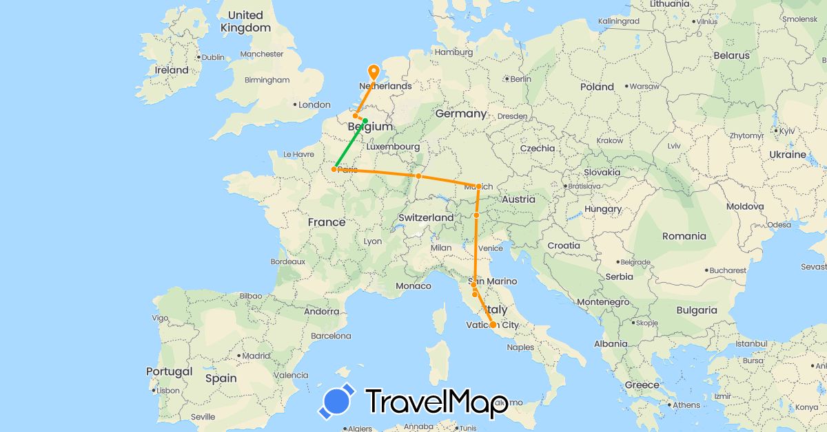 TravelMap itinerary: driving, bus, hitchhiking in Belgium, Germany, France, Italy, Netherlands (Europe)