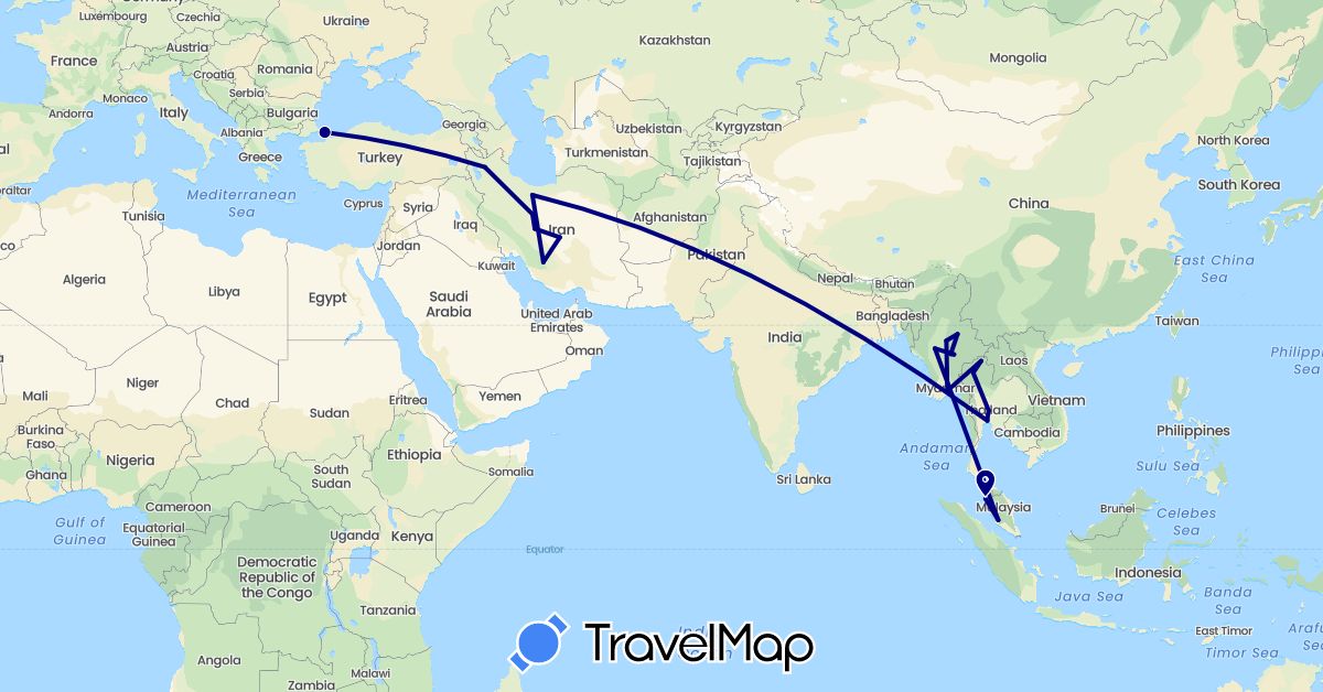 TravelMap itinerary: driving in Iran, Myanmar (Burma), Malaysia, Thailand, Turkey (Asia)
